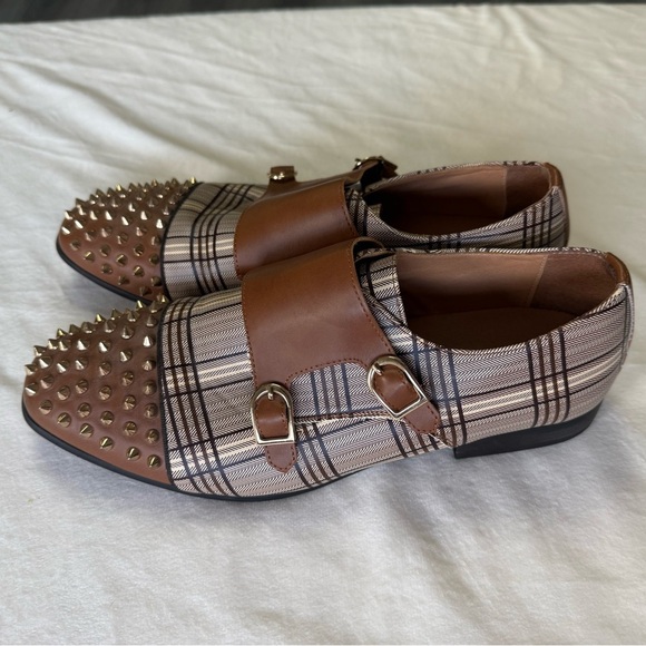 JITAI Spiked Plaid Double Monk Strap Shoes - Men\'s Size 10